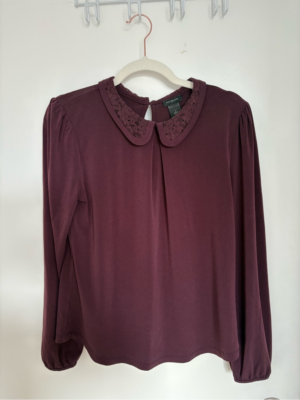Ann Taylor Lace Peter Pan Collar Long Sleeve Top - Burgundy